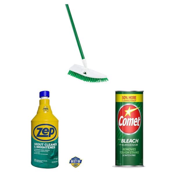 No Knees Floor Scrub Brush with Steel Handle, 32 fl. oz. Grout Cleaner, and 21 oz. Abrasive Powder Cleaner