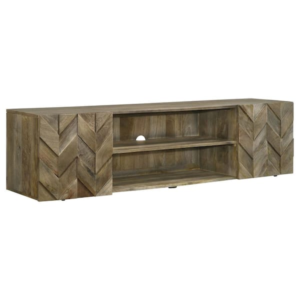 Medium Brown Mango Wood Finish TV Stand Media Console With 4 Doors And 2 Open Shelves