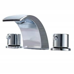 8in. Widespread Double-Handle 3Hole Bathroom Faucet with LED Light Brass Waterfall Sink Vanity Faucet in Polished Chrome