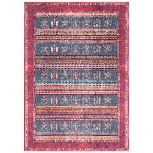 Orlando 4 ft. x 6 ft. Rust/Blue Bohemian Horizontal Stripe Washable Area Rug