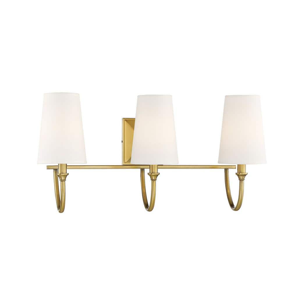 Warm Brass 12" Tall Curved Arm Vanity Light with White Fabric Shades