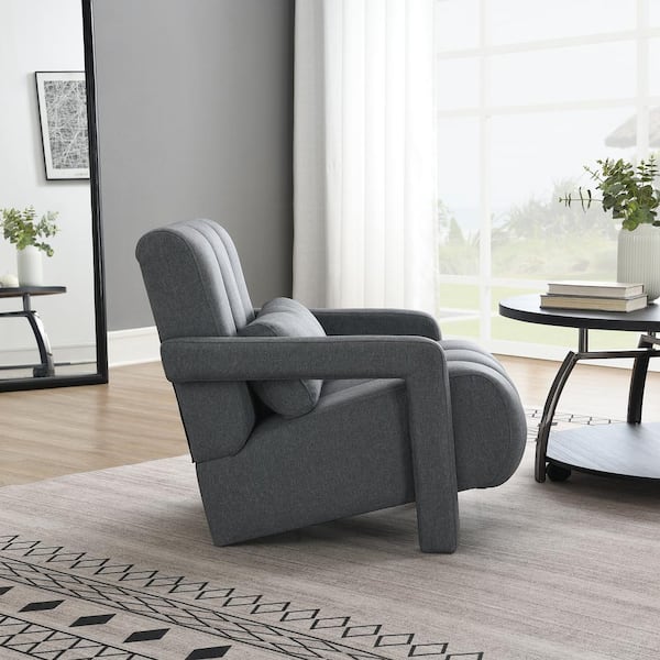 Grey Comfy Linen Fabric Accent Chair Modern Upholstered Armchair with Pillow Modern Single Sofa for Living Room Bedroom