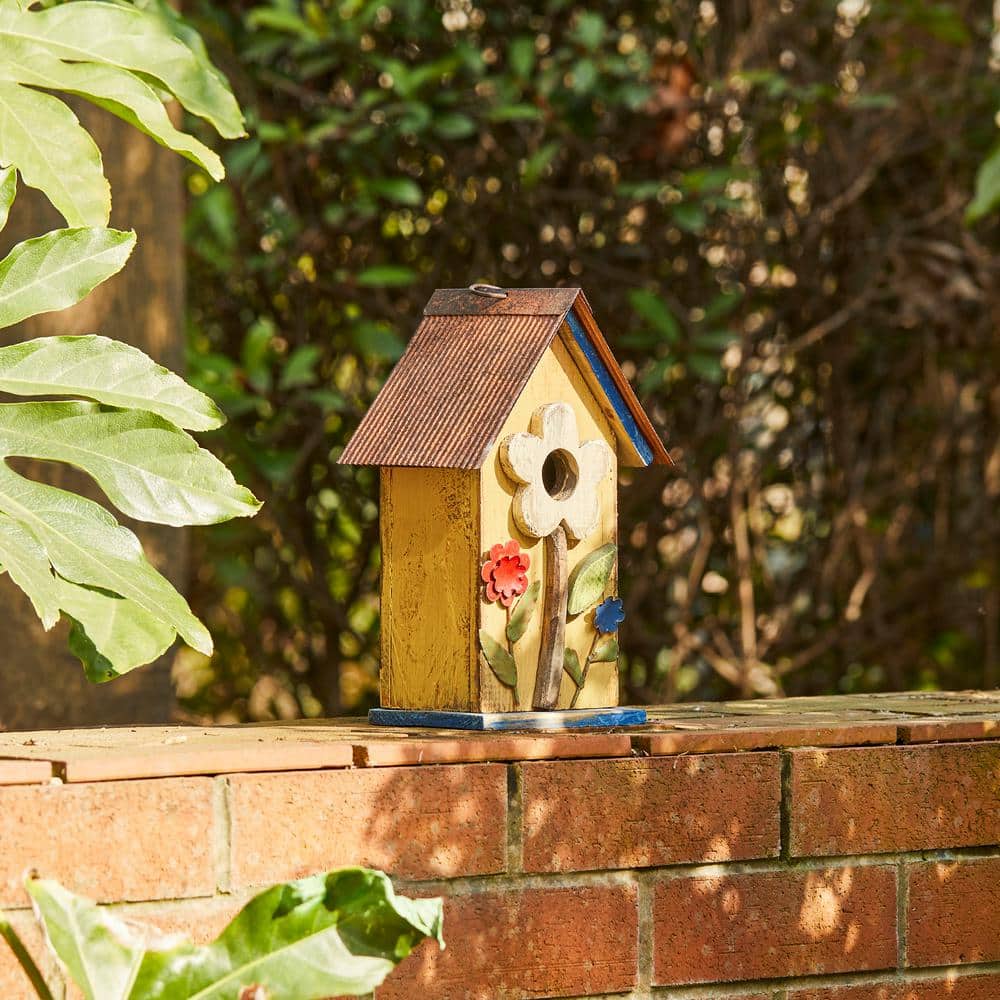 Yellow Distressed Solid Wood Birdhouse with 3D Flowers