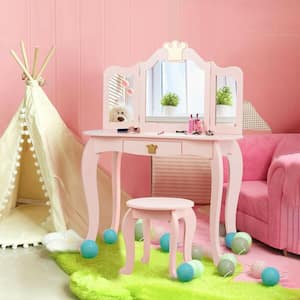 Kids Makeup Dressing Table Chair Set Princess Vanity and Tri-folding Mirror in Pink