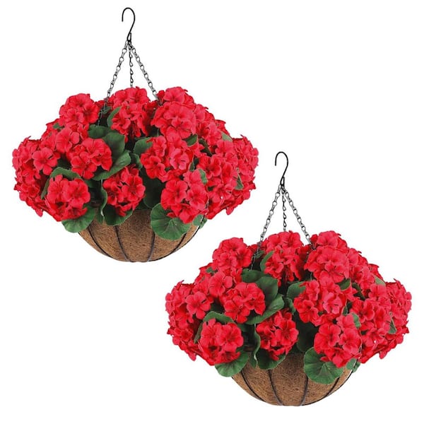 2-Set 10 in. Red Artificial Geranium Flowers w/ Brown Basket Artificial Hanging Flowers Plant 12-Piece Geraniums Flowers