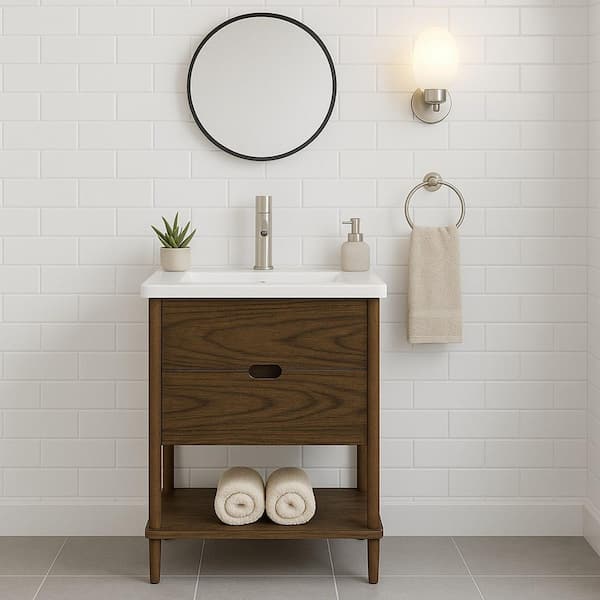 Ellery 24.02 in. Wide Single Sink Freestanding Walnut Bath Vanity with White Ceramic Integrated Square Top