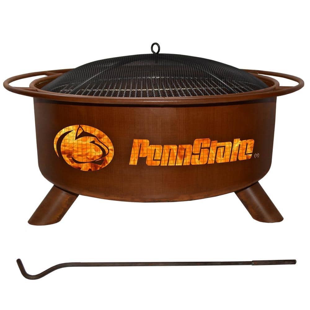 Penn State 29 in. x 18 in. Round Steel Wood Burning Rust Fire Pit with Gril