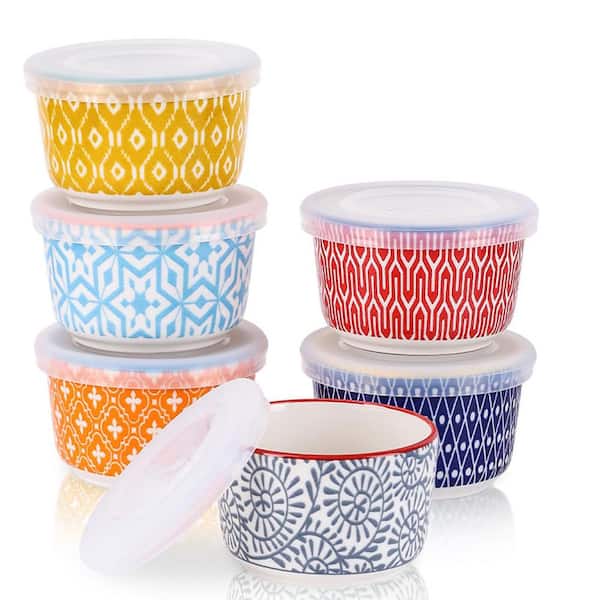 6-Piece Round Ceramic Ramekin Set with Airtight Silicone Lids Oven Safe for Baking, Custard, Pudding