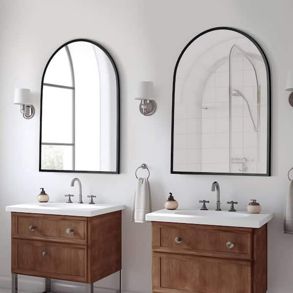 PexFix 24 in. W x 32 in. H Arched Mirror for Bathroom Entryway Wall Decor Metal Frame Wall Mounted Mirror in Black 2-Pieces