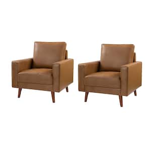 Christine Mid-Century Modern Camel Genuine Leather Armchair with Wood Flared Legs (Set of 2)