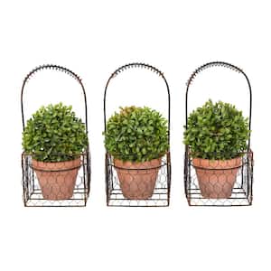 9.5 in. Artificial Faux Boxwood Topiary Arrangement with Decorative Basket (Set of 3)