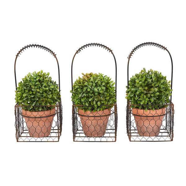 Pure Garden 9.5 in. Artificial Faux Boxwood Topiary Arrangement with Decorative Basket (Set of 3)
