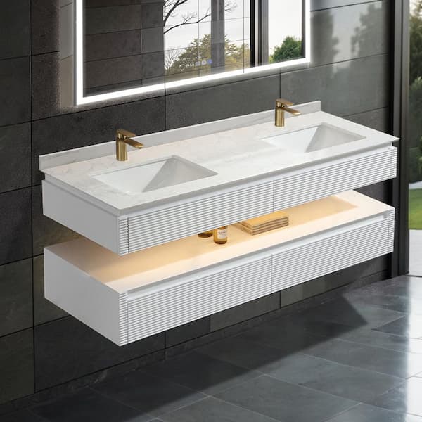 Lonni 60 in. W X 20.7 in. D X 19.6 in. H Double Floating Sink Solid Wood Bath Vanity in White with White Marble Top and Lights