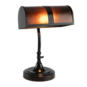14 in. Black Mission Style LED Bankers Lamp with Amber Mica Shade
