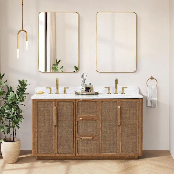 ROSWELL Busan 60 in. W x 22 in. D x 33.9 in. H Double Bath Vanity in Oak Classic Brown with White Quartz Stone Top