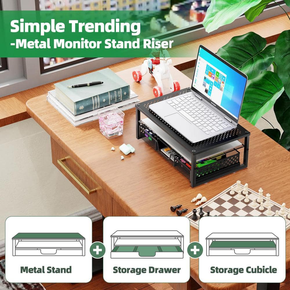 Black Metal Mesh Monitor Stand with Storage Drawers