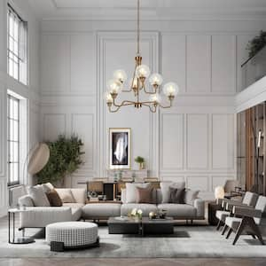 Modern 8-Light Brass Sputnik Island Chandelier with Globe Cracked Glass Shade for Living Room, 37.4 in. W Large Pendant