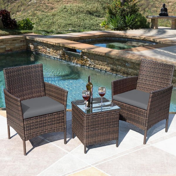 Tozey Brown 3-Pieces Patio Furniture PE Rattan Outdoor Conversation Set w/Table Backyard Garden Set with gray Cushion
