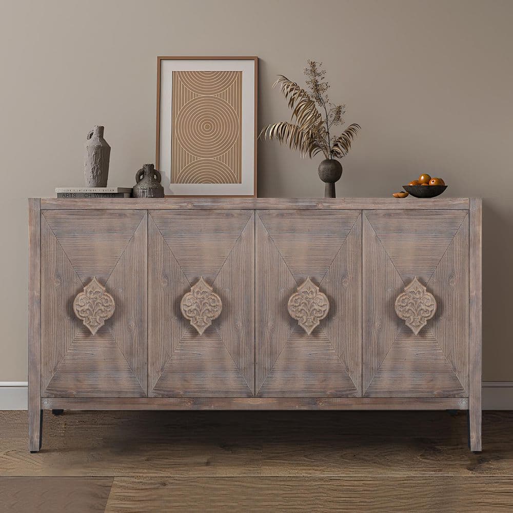 60 in. Antique Brown 4-Door Storage Cabinet with Adjustable Shelves and Carved Flower Handles MDF Wood Console Table price history on PriceWatchPro