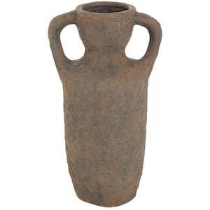 16 in. Dark Brown Handmade Textured Ceramic Decorative Vase with Two Wide Handles