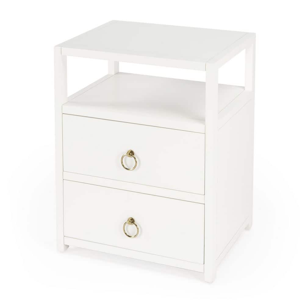 Luxe Minimalist White Acacia 2-Drawer Nightstand with Open Shelf
