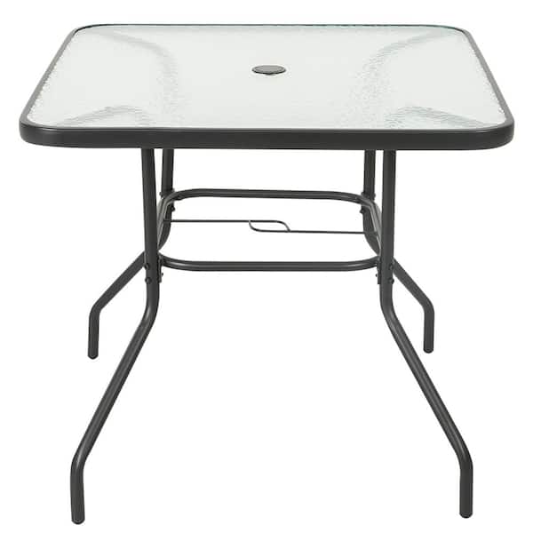 Black Square Metal Outdoor Dining Table with Umbrella Hole and Tempered Glass Tabletop