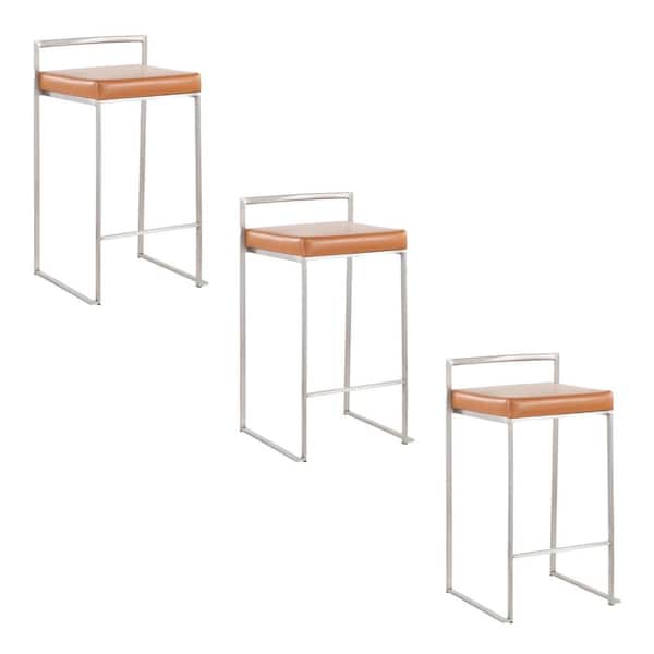 Lumisource Fuji 27.75 in. Camel Faux Leather and Brushed Stainless Steel Metal Stackable Counter Stool (Set of 3)