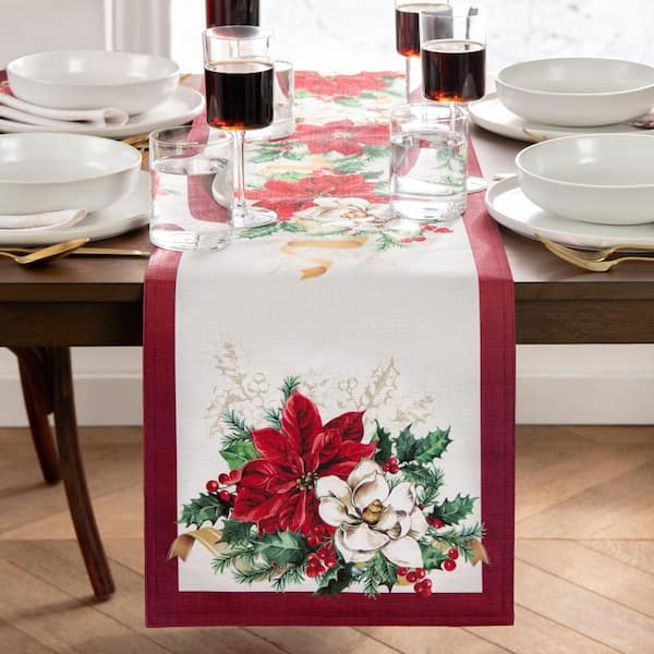 Threadmade Home Poinsettia Garlands Engineered Table Runner, Multicolor - 13"W x 70"L