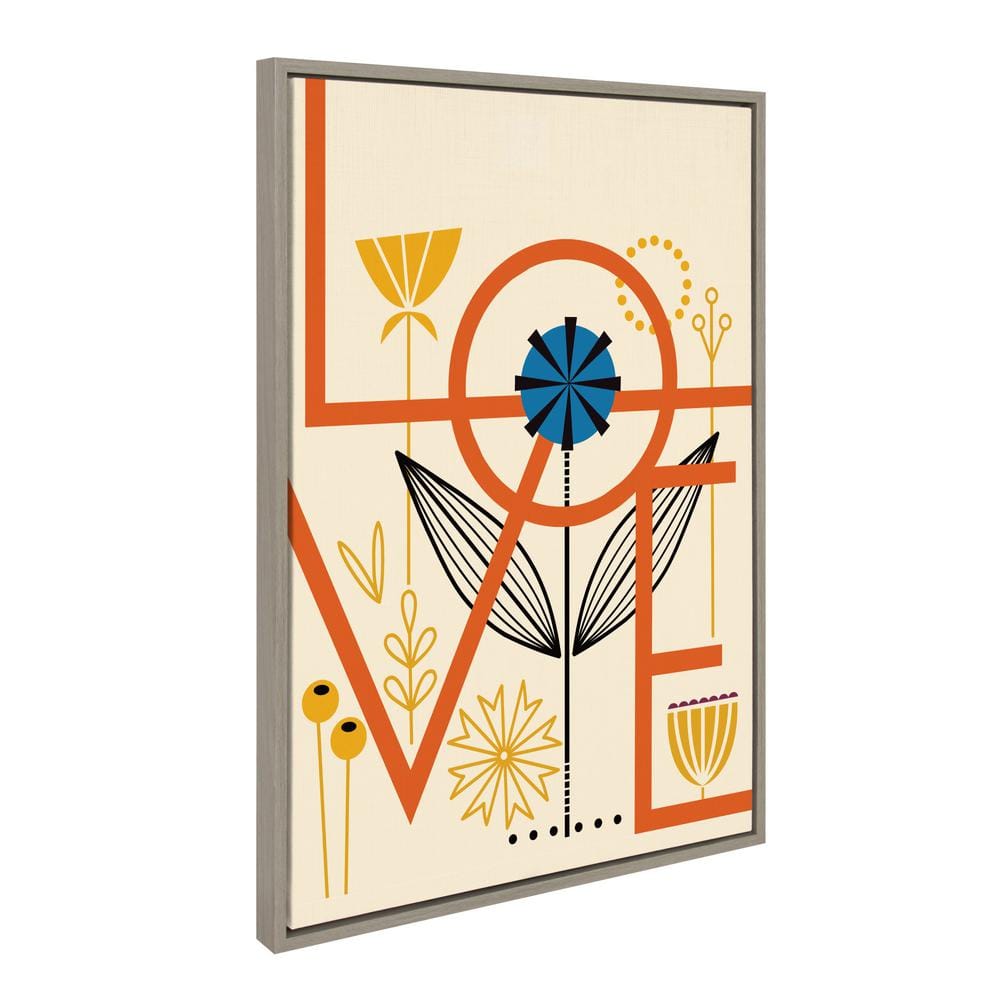 Love Abstract Floral Canvas Wall Art with Gray Frame