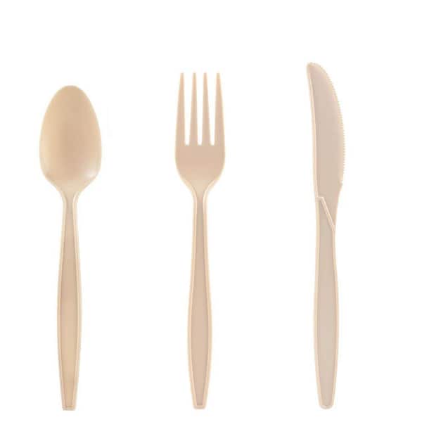 Light Brown Beige Disposable Corn Starch Utensils Cutlery Set 300 Per Case Eco Friendly Compostable Heavy Duty