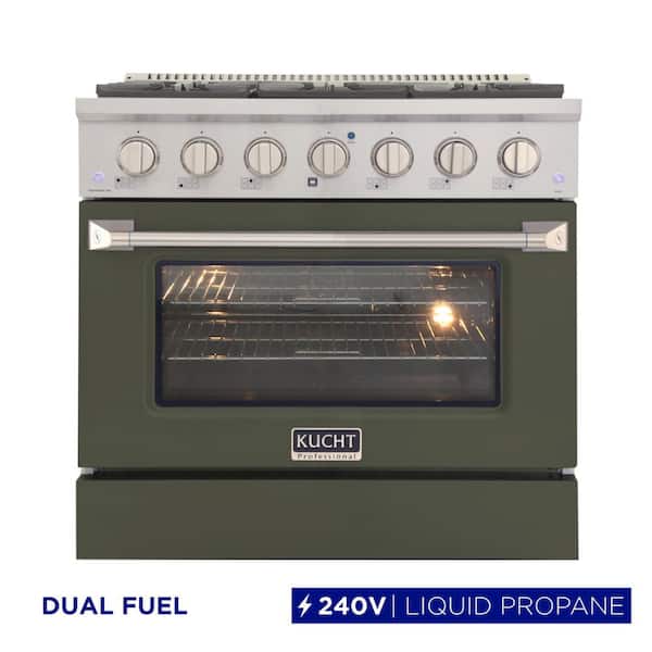 36 in. 5.2 cu. ft. 6-Burners Dual Fuel Range Propane Gas in Stainless Steel, Olive Green Oven Door with Convection Oven
