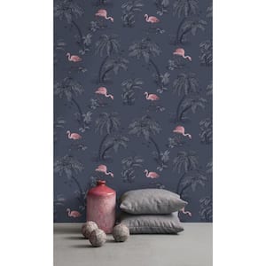 Midnight Blue Tropical Leaves and Pink Flamingo Shelf Liner Non- Woven Non-Pasted Wallpaper (57Sq.ft) Double Roll