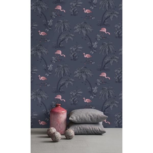 Walls Republic Midnight Blue Tropical Leaves and Pink Flamingo Shelf Liner Non- Woven Non-Pasted Wallpaper (57Sq.ft) Double Roll