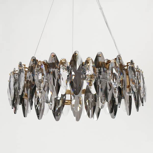 Glam 6-Light Plated Brass Drum Smoky Gray Crystal Chandelier for Living Dining Room Bedroom Modern Circle Pendant Light