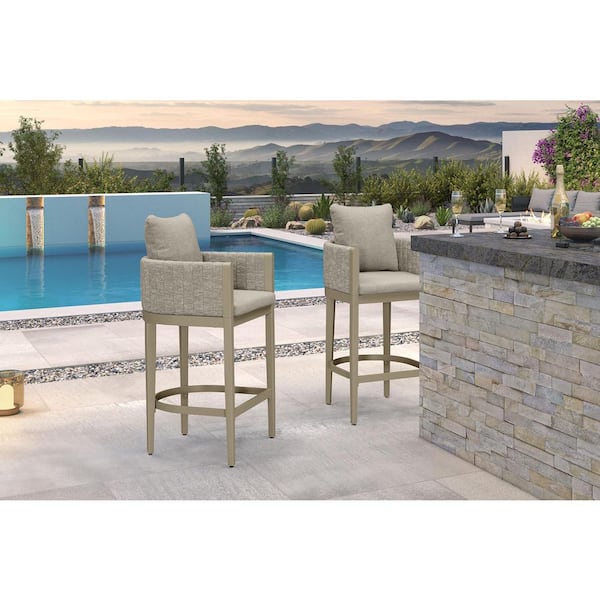 Aluminum Bar Height Outdoor Bar Stool Olefin Weaving Oval Leg with Backrest and Cushion, Khaki(2-Pack)