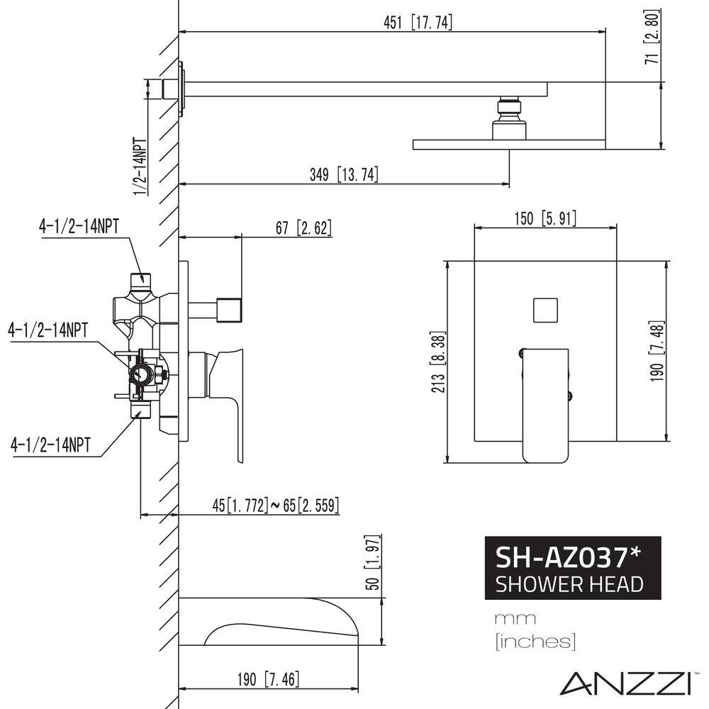 Matte Black Brass Square Wall Mounted Shower Faucet