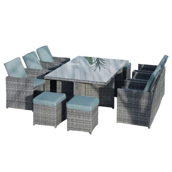 DIRECT WICKER Nail Grey 11-Piece Wicker Rectangle Outdoor Dining Set with Light Green Cushions