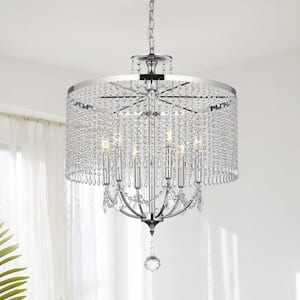 6-Light Polished Chrome Drum Chandelier with K9 Crystal Dangles, Glam Styled Dining Room Chandelier