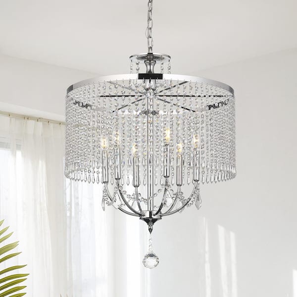 pasentel 6-Light Polished Chrome Drum Chandelier with K9 Crystal Dangles, Glam Styled Dining Room Chandelier