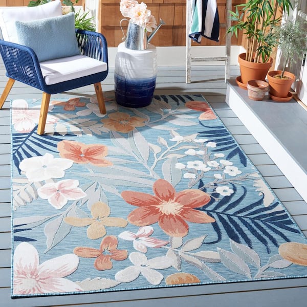 Cabana Aqua/Rust 3 ft. x 5 ft. High-Low Floral Leaf Indoor/Outdoor Area Rug