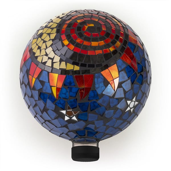 Alpine Corporation 10 in. Diameter Indoor/Outdoor Glass Mosaic Gazing Globe Yard Decoration, Mosaic Sun and Moon Design