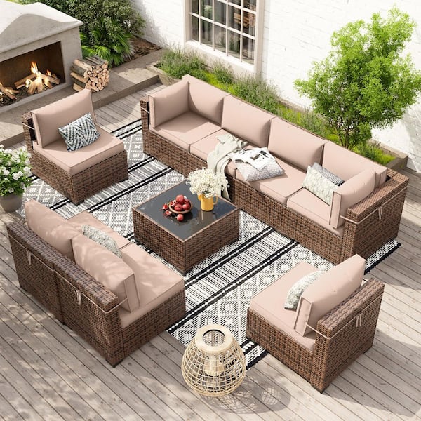 9-Pieces Wicker Patio Sectional Conversation Sets with Coffee Table and Cushions