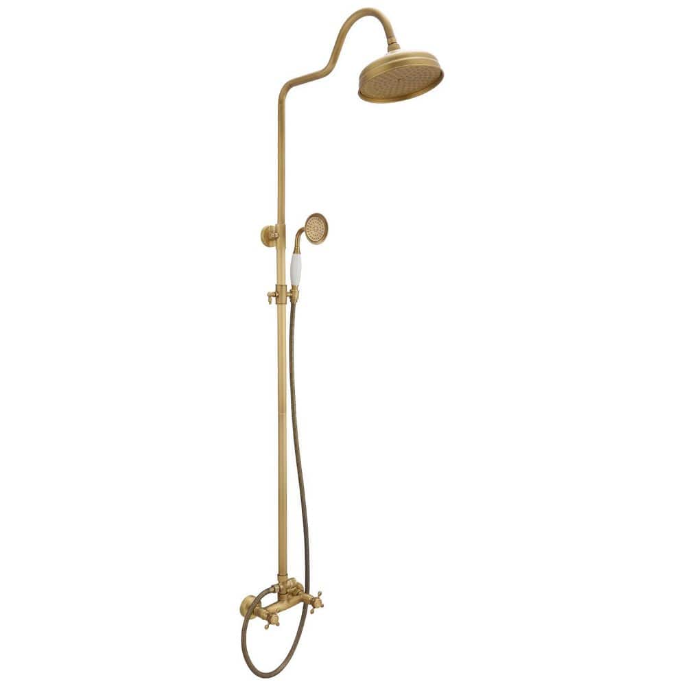 2-Spray Outdoor Wall Bar Shower Kit 8 in. Round Rain Shower Head with Hand Shower and 2 Cross Knobs in Antique Brass price history on PriceWatchPro