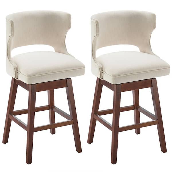 Outopee 37.8 in. Creamy-White Low Back Wood Frame 360° Free Rotation Bar Stool with Linen Seat (Set of 2)