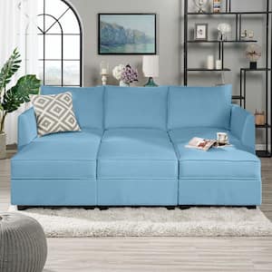 56.01 in. Linen Contemporary 3-Seater Upholstered Sectional Sofa Bed with 3 Ottoman in. Robin Egg Blue