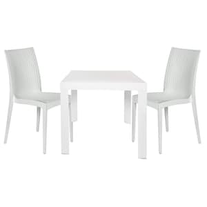 Mace Modern 3-Pcs Patio Dining Set with Stackable Plastic Dining Chairs and Square Dining Table (White)