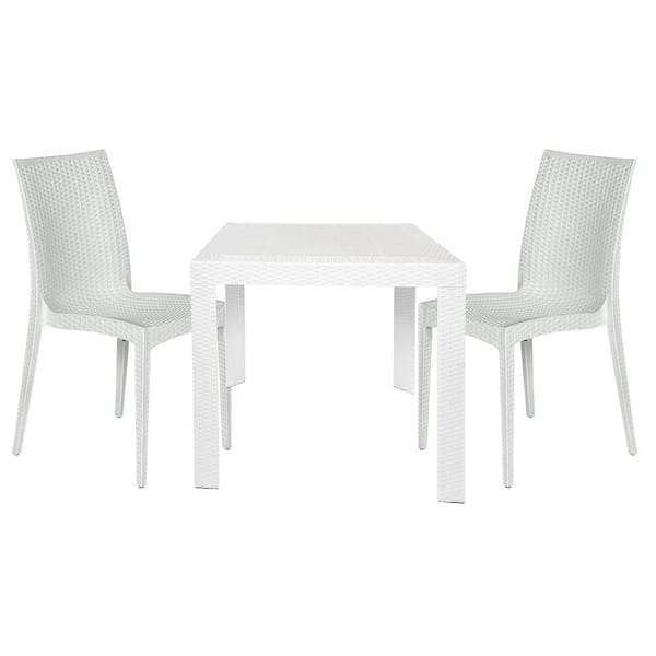 Leisuremod Mace Modern 3-Pcs Patio Dining Set with Stackable Plastic Dining Chairs and Square Dining Table (White)