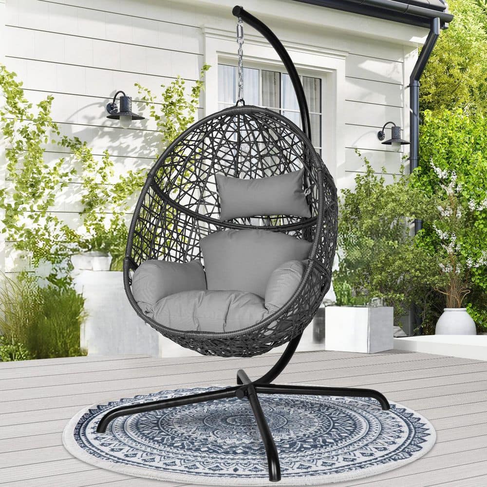 Patio 1-Person Outdoor Light Gray PE Wicker Porch Swings Hanging Egg Chair 