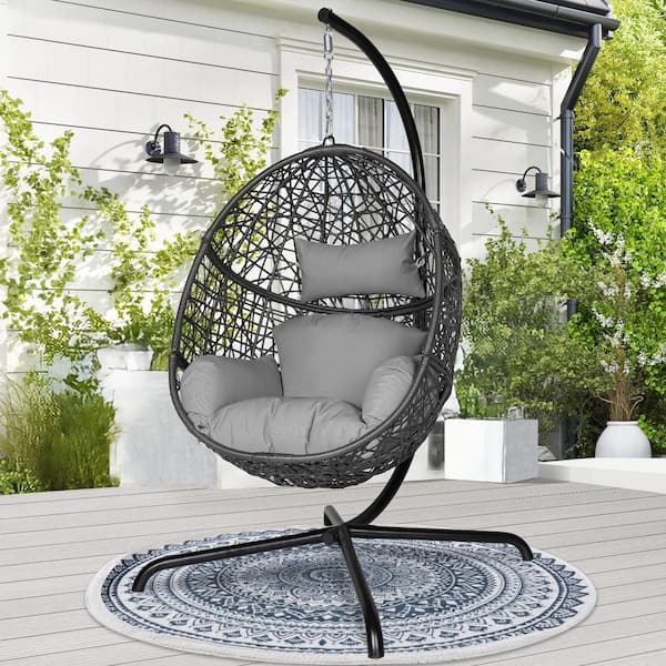 Unbranded Patio 1-Person Outdoor Light Gray PE Wicker Porch Swings Hanging Egg Chair with Cushions and Stand