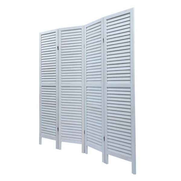 4-Panel White Wood Room Divider Louver Partition Screen, 5.6 ft